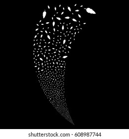 Feather random fireworks stream. Vector illustration style is flat white iconic symbols on a black background. Object fountain organized from scattered pictographs.