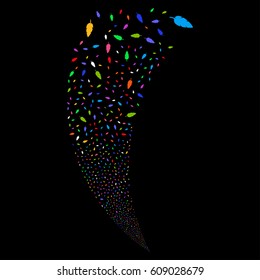 Feather random fireworks stream. Vector illustration style is flat bright multicolored iconic symbols on a black background. Object fountain organized from scattered symbols.