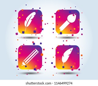 Feather retro pen icons. Paint brush and pencil symbols. Artist tools signs. Colour gradient square buttons. Flat design concept. Vector