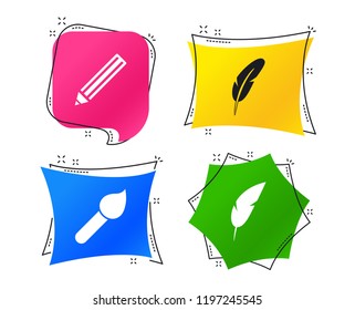 Feather retro pen icons. Paint brush and pencil symbols. Artist tools signs. Geometric colorful tags. Banners with flat icons. Trendy design. Vector