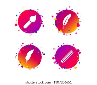 Feather retro pen icons. Paint brush and pencil symbols. Artist tools signs. Gradient circle buttons with icons. Random dots design. Vector