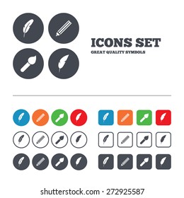 Feather retro pen icons. Paint brush and pencil symbols. Artist tools signs. Web buttons set. Circles and squares templates. Vector