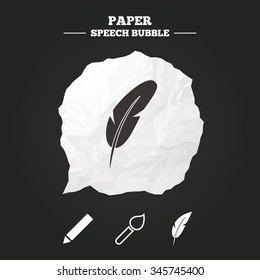 Feather retro pen icons. Paint brush and pencil symbols. Artist tools signs. Paper speech bubble with icon.