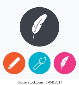Feather retro pen icons. Paint brush and pencil symbols. Artist tools signs. Circle flat buttons with icon.