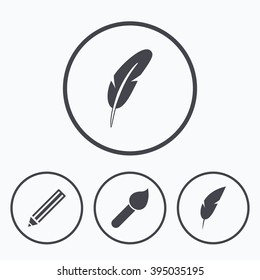 Feather retro pen icons. Paint brush and pencil symbols. Artist tools signs. Icons in circles.