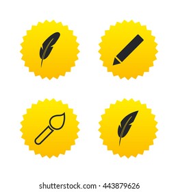 Feather retro pen icons. Paint brush and pencil symbols. Artist tools signs. Yellow stars labels with flat icons. Vector