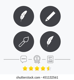 Feather retro pen icons. Paint brush and pencil symbols. Artist tools signs. Chat, award medal and report linear icons. Star vote ranking. Vector