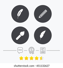 Feather retro pen icons. Paint brush and pencil symbols. Artist tools signs. Chat, award medal and report linear icons. Star vote ranking. Vector