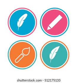 Feather retro pen icons. Paint brush and pencil symbols. Artist tools signs. Colored circle buttons. Vector