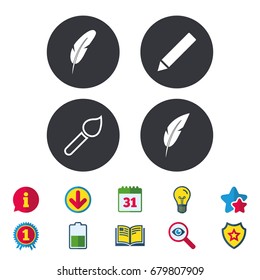 Feather retro pen icons. Paint brush and pencil symbols. Artist tools signs. Calendar, Information and Download signs. Stars, Award and Book icons. Light bulb, Shield and Search. Vector