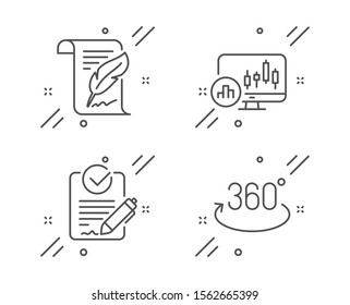 Feather, Rfp and Candlestick chart line icons set. Full rotation sign. Copyright page, Request for proposal, Report analysis. 360 degree. Science set. Line feather outline icon. Vector