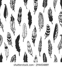 Feather rustic seamless pattern. Hand drawn vintage vector background. Decorative design illustration.