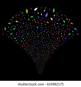 Feather salute stream. Vector illustration style is flat bright multicolored iconic symbols on a black background. Object source fountain constructed from random pictographs.