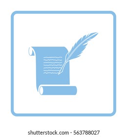 Feather and scroll icon. Blue frame design. Vector illustration.