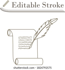 Feather And Scroll Icon. Editable Stroke Simple Design. Vector Illustration.