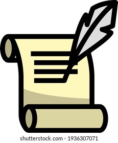 Feather And Scroll Icon. Editable Thick Outline With Color Fill Design. Vector Illustration.