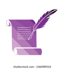 Feather and scroll icon. Flat color design. Vector illustration.