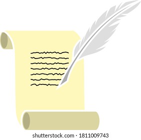Feather And Scroll Icon. Flat Color Design. Vector Illustration.