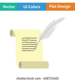 Feather and scroll icon. Flat color design. Vector illustration.
