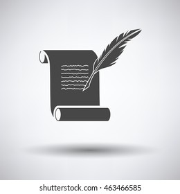 Feather and scroll icon on gray background with round shadow. Vector illustration.
