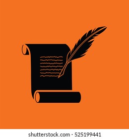 Feather and scroll icon. Orange background with black. Vector illustration.