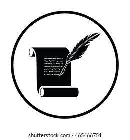 Feather and scroll icon. Thin circle design. Vector illustration.