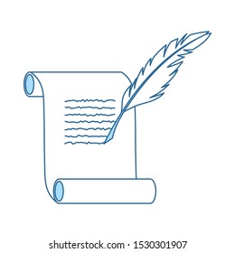 Feather And Scroll Icon. Thin Line With Blue Fill Design. Vector Illustration.