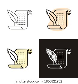 Feder-Scroll-Symbole einzeln auf weißem Hintergrund. Handgezeichnete Kontur-Ikone im Doodle-Stil, flach und kreide auf einem schwarzen Brett. Vektorobjekt für Literatur, Lesen, Prosa, Wissen und Bildung.