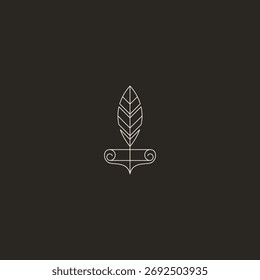 Feather and scroll line art elegant writing logo design.