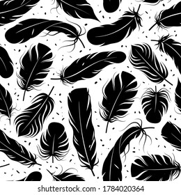 Feather seamless pattern. Curved black feathers silhouettes, graphic simple shapes pen decorative element. Creative design textile, wrapping paper, wallpaper vector texture on white background