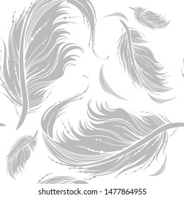 Feather seamless pattern. Decorative ornate silver feathers on white background. Monochrome vector illustration for fashion textile, wrapping paper.