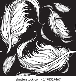 Feather seamless pattern. Decorative ornate white feathers on black background. Monochrome vector illustration for fashion textile, wrapping paper.