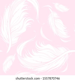 Feather seamless pattern. Decorative ornate white feathers on pale pink background. Monochrome vector illustration for fashion textile, wrapping paper, wallpaper.