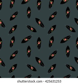 Feather seamless pattern with flowers in the style of boho