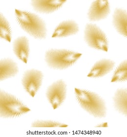 Feather seamless pattern. Gold feathers on white Boho style vector background. Easy to edit template for textile, wallpaper, fabric, etc.