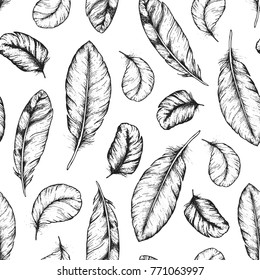 Feather seamless pattern. Hand drawn vector illustration. Sketch collection. Engraved style set.