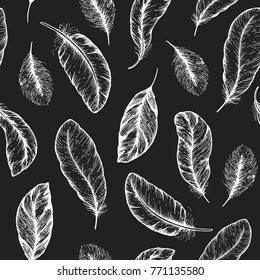 Feather seamless pattern. Hand drawn vector illustration. Sketch collection. Engraved style set.