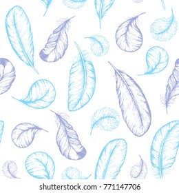 Feather seamless pattern. Hand drawn vector illustration. Sketch collection. Engraved style set.