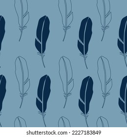 Feather seamless pattern on blue background. Vector illustration. Pattern for print, wallpaper, textile, fashion, scrapbooking, cover.