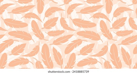 Feather seamless pattern, peach fuzz background, abstract boho print, feather bird texture. Pastel colour bg. Vector illustration