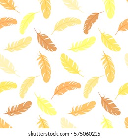 Feather seamless pattern. Simple minimalist vector background. Fabric print with brown and yellow plumelet. Editable backdrop with isolated flying elements. Feather vector graphic design.