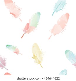 Feather Seamless Pattern In Watercolor Style. Watercolor Feathers Background.