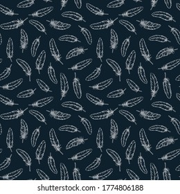 Feather seamless pattern, white on black. Feather bird outline textile fabric background. Vector illustration.