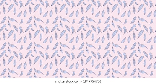 Feather seamless repeat pattern vector background, with vector feathers, blue and pink