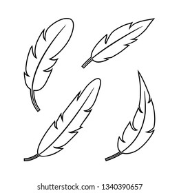Feather set, black outline design. Vector illustration