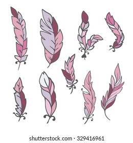 Feather set doodle. It consists of nine feathers with different shape and color. White background. Achieved with doodle contour.
