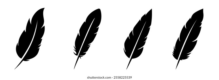 Feather set icon. Feather collection. Silhouette of bird on white background.