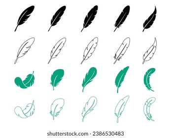 Feather Set icon logo isolated on white background detailed majestic feather collection Feathers of birds Pen feather icon simple style vector image Feathers vector set in a flat style