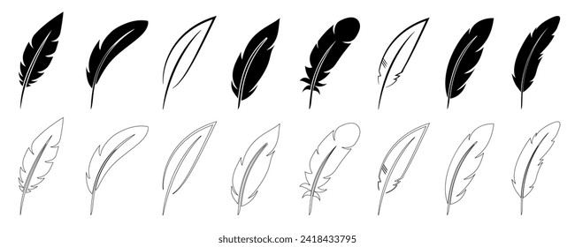 Iconos de juego de plumas, silueta de plumas de plumón, colección de plumelet, signos de plumas de aves - vector