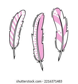 Feather set, pink fluff. Vector Illustration for printing, backgrounds, covers and packaging. Image can be used for greeting cards, posters, stickers and textile. Isolated on white background.